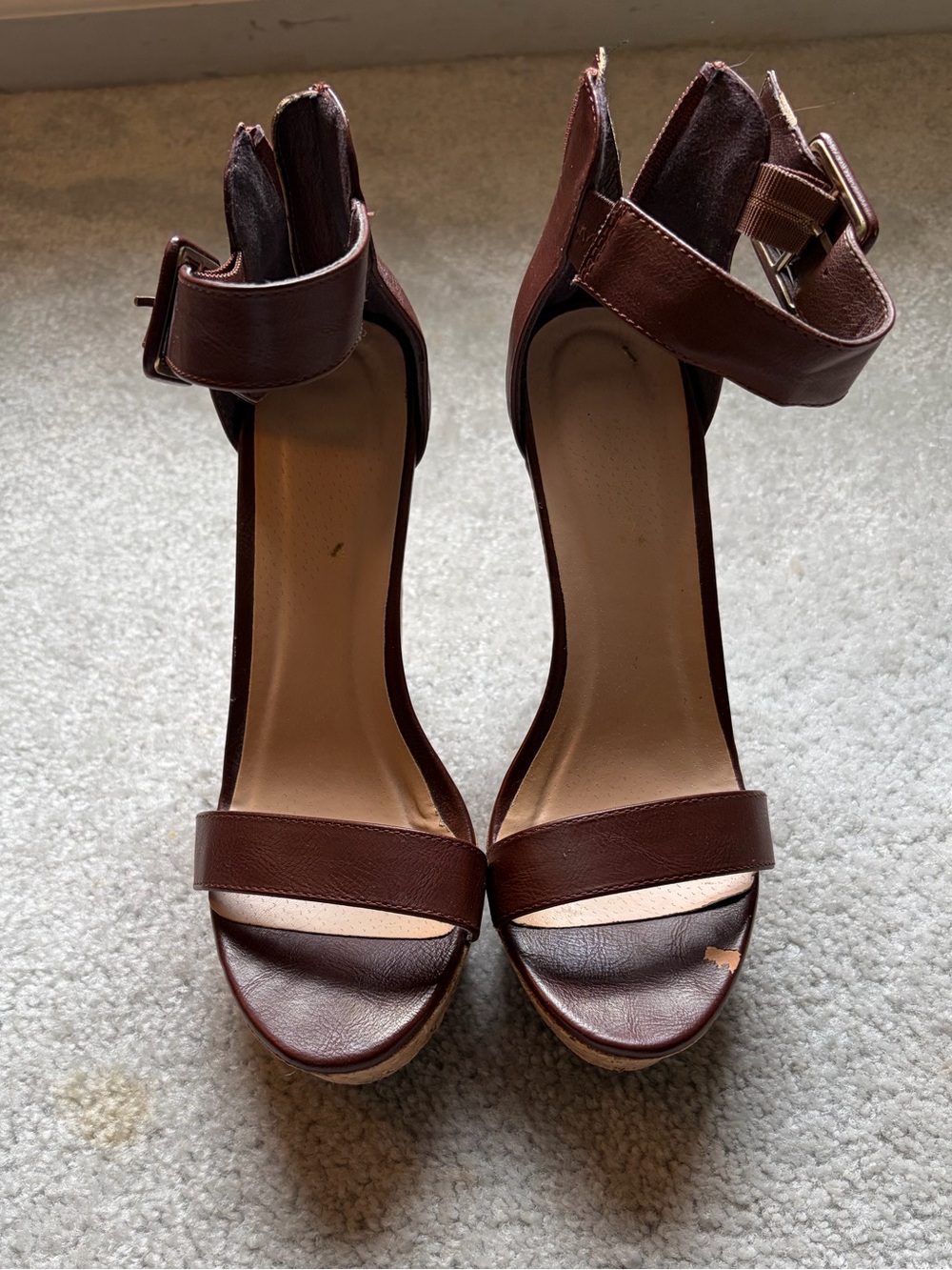 Shoe Dazzle Brown Ankle-Strap Platform Heels